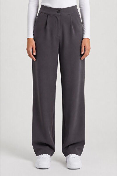 MODASPARK Anthracite High Waist Pocketed Buttoned Lycra Women's Palazzo Trousers