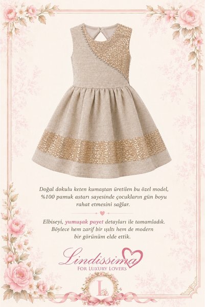 Lindissima Girl's Elegant Dress with Sequin Detail, Matte Satin Belt, 2-8 Years, Birthday, Holiday, Casual Elegance