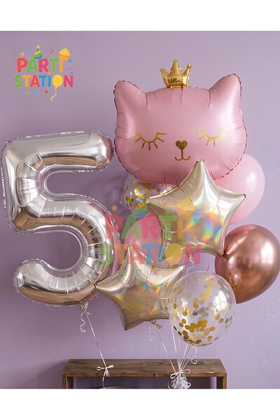 Parti Station Pembe Kedi 5 Yaş Balon Set Yıldız Balon Folyo Set Pembe Kedi Ko...