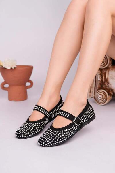 Nesil Shoes Γυναικείες μπαλαρίνες Gabbel 305 Black Suede Silver Stone