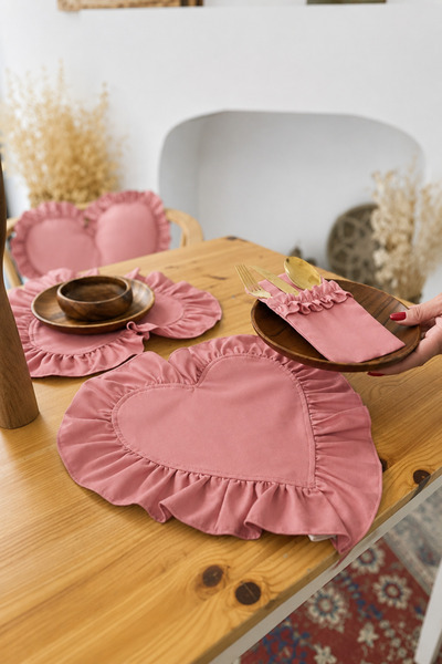KaiHome Rosy Serisi Pembe Dak Keten Kalp Fırfırlı Keten Supla / Amerikan Serv...