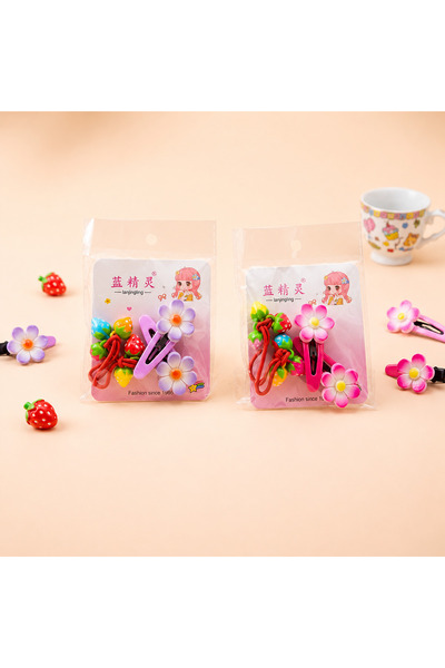 Renkli kids Set de 2 elastice și agrafe laterale cu flori și căpșuni