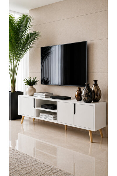 VM VERTEX MOBİLYA Latina Ahşap Ayaklı Tv Ünitesi Tv Sehpası 180 Cm Beyaz