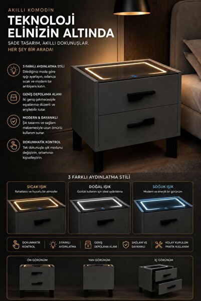 DECOBOX DİAMOND ANTRASİT LEDLİ KOMODİN
