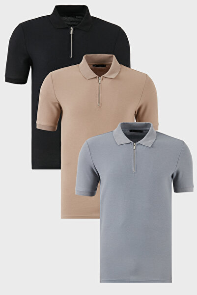 Buratti Pamuklu Regular Fit Yarım Fermuarlı 3'lü Paket Polo Yaka T Shirt Erke...