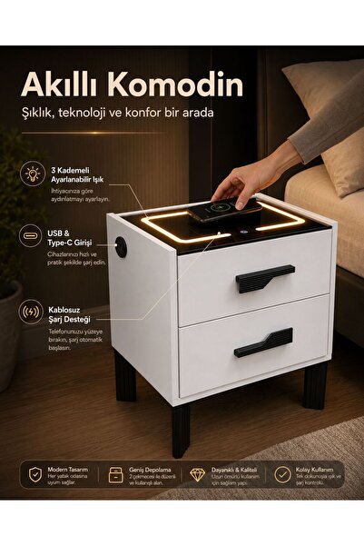 DECOBOX DİAMOND BEYAZ LEDLİ ŞARJ ÜNİTELİ KOMODİN