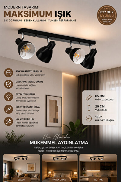 Lumexx OTİS 4 LÜ SIRALI SİYAH PLAFONYER AVİZE