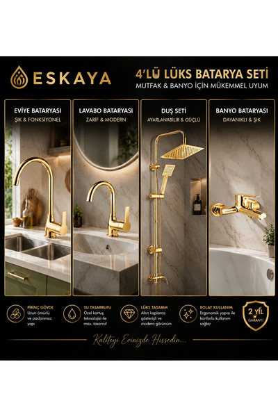 ESHOME Gold Altın Kare Robot Duş Seti Banyo Mutfak Eviye Ve Lavabo Bataryası ...