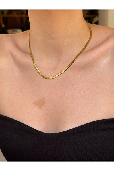 Alveole Jewelry Yassı Yılan Zincir Çelik Gold Kolye