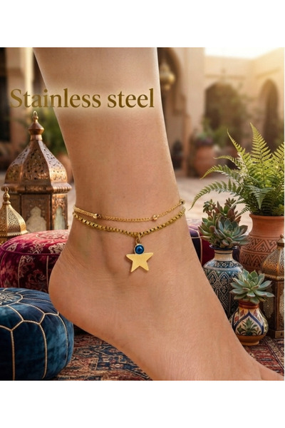 stainless steell Gold Color Elevator Ball Big Star Evil Eye Steel Anklet