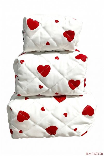 Bestway ve Diğeri Set of 3 Quilted Zippered Makeup Bags – Heart Pattern, White, Cosmetic and Travel Organizer