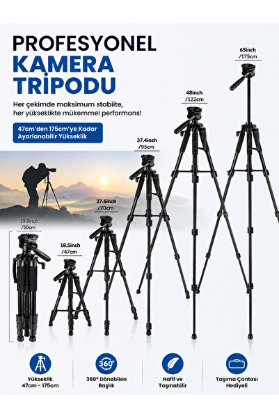 Genel Markalar 175 Cm Ayarlanabilir 360° Dönebilen Taşıma Çantalı Tripod Profesyonel Çekim Doğada,Evde,Stüdyoda