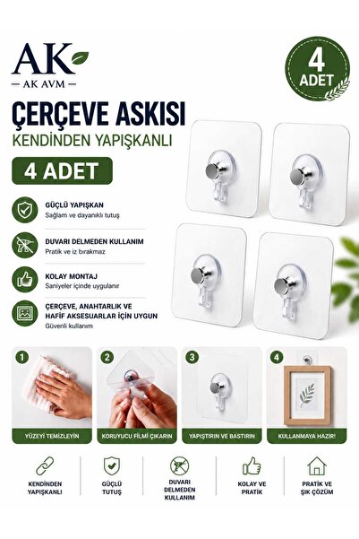 Ak Avm 4 Adet Güçlü Yapışkanlı Duvar Vidası – Matkapsız Elbise & Çerçeve Askısı