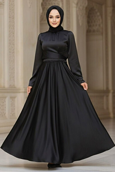 Neva Style Siyah Tesettür Saten Abiye Elbise 6105S
