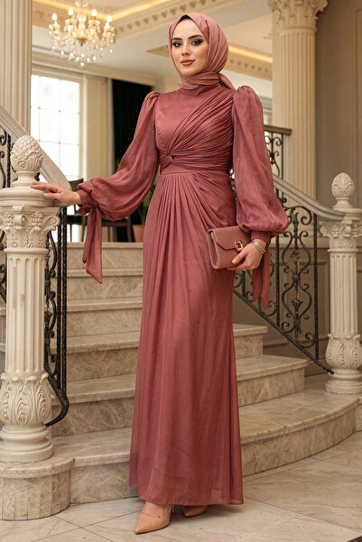 N.S NEVA STYLE - Drape Detaylı Gül Kurusu Tesettür Abiye Elbise 52285GK
