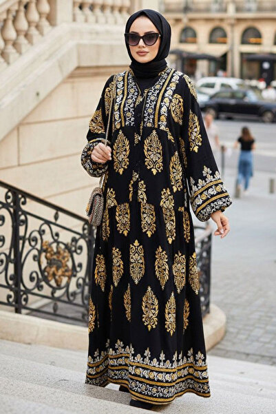 Neva Style Desenli Hardal Tesettür Elbise 18239HR
