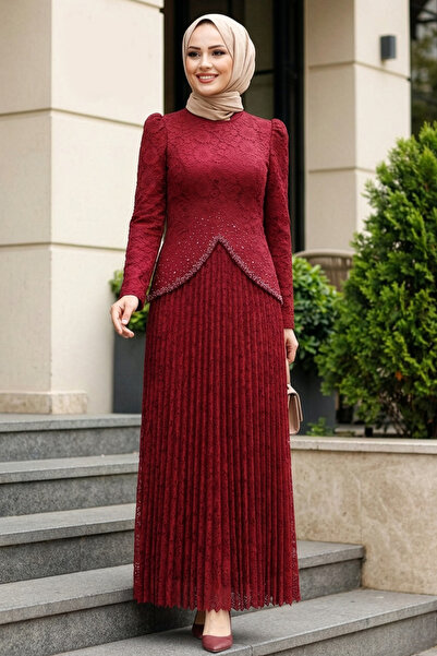 N.S NEVA STYLE Dantelli Bordo Tesettür Abiye Elbise 55591BR