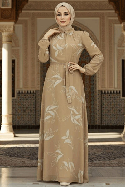 Neva Style Yaprak Desenli Bisküvi Tesettür Elbise 279315BS