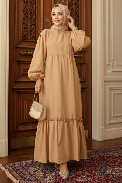 Neva Style Balon Kol Bisküvi Tesettür Poplin Elbise 57341BS