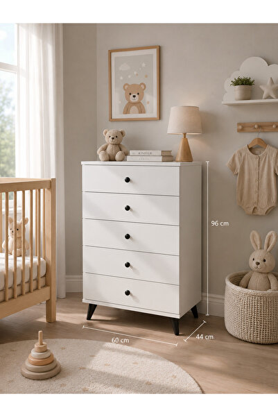 Dienni Simple 5 Çekmeceli Bebek Odası Yatak Odası Şifonyeri 60x44x96 BEYAZ
