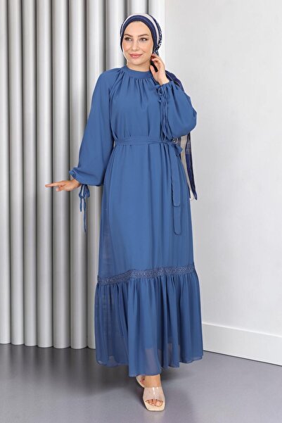 Missvalle Lace Detailed Chiffon Evening Dress Blue 19143