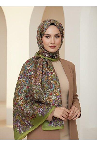 Vissona %100 Saf İpek Şal İnce Saten Vual Dokuma Etro Desenli Fıstık Yeşili -...