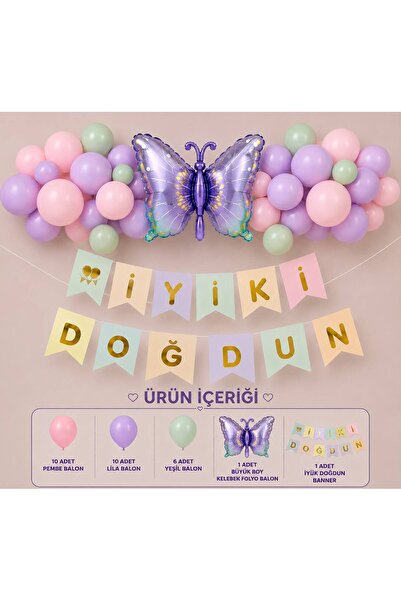ÇAVUŞ E-TİCARET Lila Pembe Yeşil Balon Seti Rengarenk İyiki Doğdun Yazılı Büy...