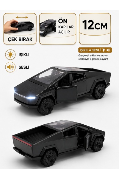 Shem Tesla Cyber Truck Koleksiyonluk Metal Sesli Işıklı Diest Car Oyuncak mod...