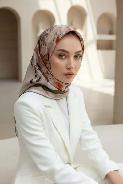 Vissona Χακί Χρώμα 100% Twill Silk - Ανοιξιάτικο λουλούδι με μοτίβο Ρόδι, 90x...