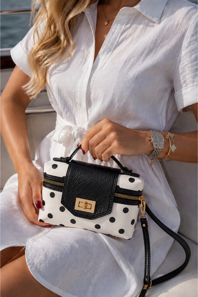 moimaaksesuar Black and White Polka Dot Women's Cross Shoulder Bag – Gold Buc...