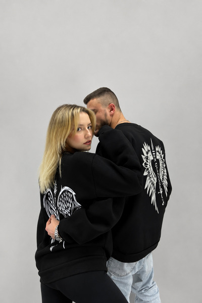 Tarzsokak Unisex Kahverengi Melek Kanadı Baskılı Bisiklet Yaka Sevgili Çift K...