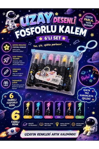 Pembe Pasaj Uzay Desenli Fosforlu Kalem 6'lı Seti - Uzay, Astronot Figürlü Fo...