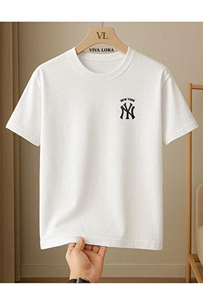 VİVA LORA New York Leather-Like Logo Printed Unisex 100% Cotton Crewneck Regu...