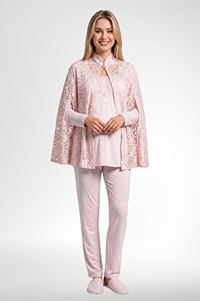 Mecit Pijama Mecit 6402 Κομψό Σετ Πιτζάμες Εγκυμοσύνης σε Ροζ Πούδρα με Δαντέ...