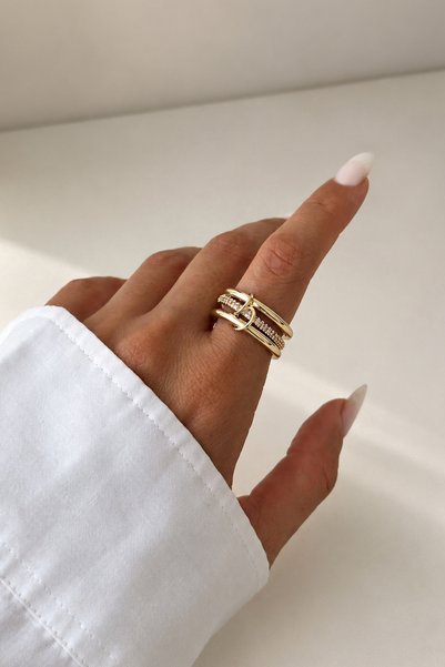 VENAATELİER Kesişen Pembe Taşlı Gold Yüzük