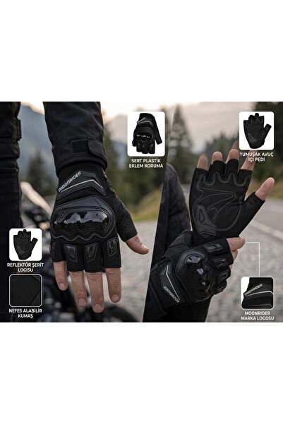 Moonrider Motosiklet Eldiveni Korumalı Unisex Yarım Parmak eldiven EN 13594 Sertifikalı Yazlık Nefes alır Dokunmatik Uyumlu Kaydırmaz Koruyucu Motor Eldiveni MR-G10