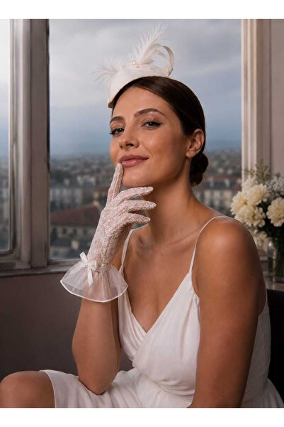 SeddA Kırık Beyaz Dantel Fırfır Gelin, Düğün, Nikah, Davet, Balo Parti Eldive...