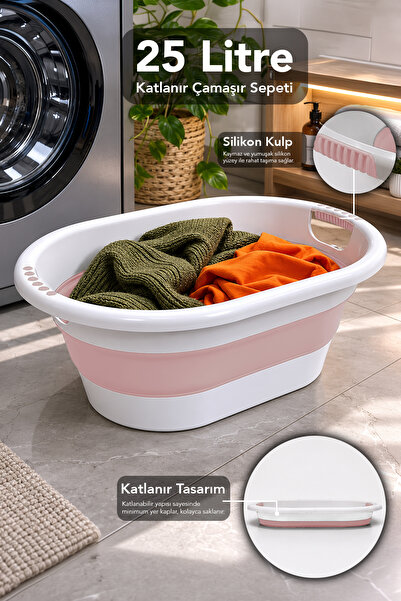 Meleni Home 25Lt Katlanabilir Çamaşır Sepeti - Akordiyon Silikon Kulplu Çamaş...