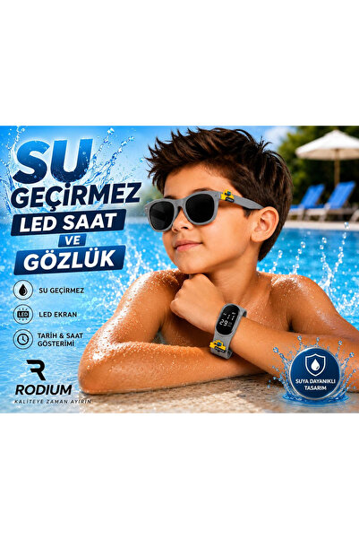 Rodium Children's Wristwatch Led Watch and Glasses Set with Gray Dozer Emoji