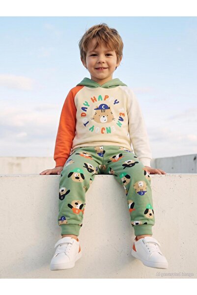 Civil Boys Hooded Hat and Teddy Bear Print Tracksuit Set for 2-5 Years - Khak...