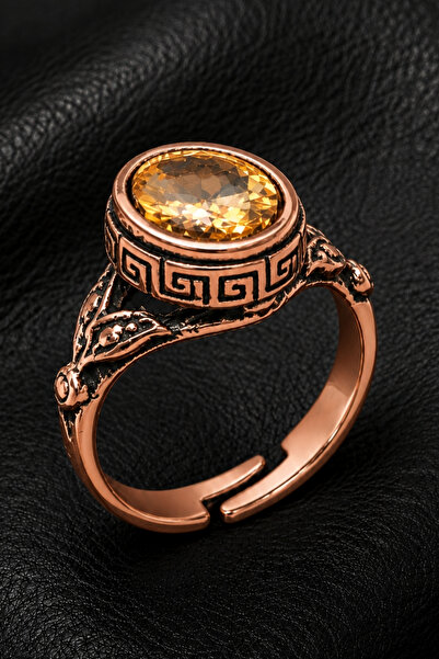 OSMANLI GÜMÜŞ Women's Copper Ring with Yellow Topaz Natural Stone Oval Model ...