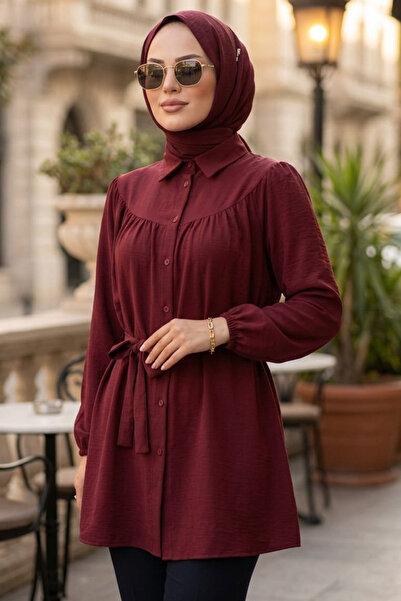 N.S NEVA STYLE Buttoned Burgundy Hijab Tunic 10184Br