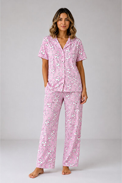 HELMİRA Women's Pink Patterned Milan Knitted Short Sleeve Women's Pajama Set ...