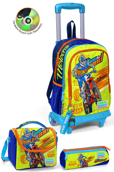 Coral High Kids Fosforlu Sarı Saks Motorsiklet Desenli Çekçekli 3'lü Çanta Se...