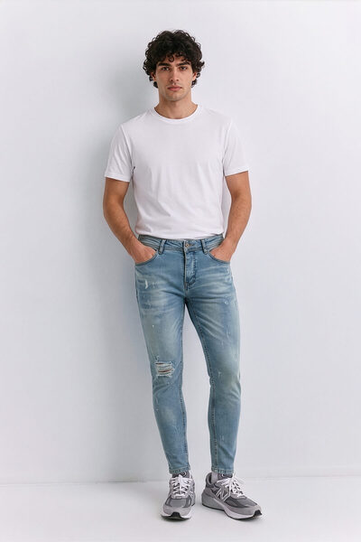 Bluewhite Erkek Skinny Ripped Jean Açık Mavi