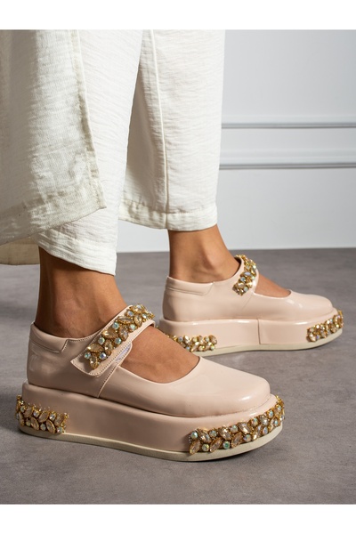 Alemdar Shoes VORD Krem Rugan Taş Detay Kadın Loafer