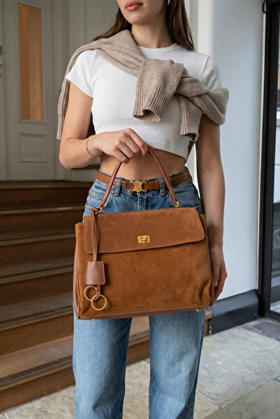 Marjin Women's Genuine Leather Lock Detailed Charm Hand and Shoulder Bag Riny...