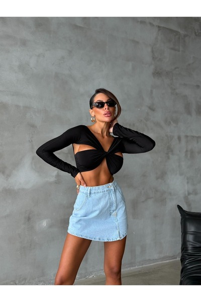 HerTon Yüksek Bel %100 Pamuklu Eskitme Detaylı Denim Şort - Premium Jean Shorts