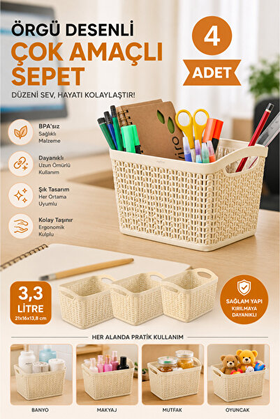 Melkan Home 4 Adet - Örgü Desenli 3,3 Litre Çok Amaçlı Sepet – BPA’sız, Dayan...