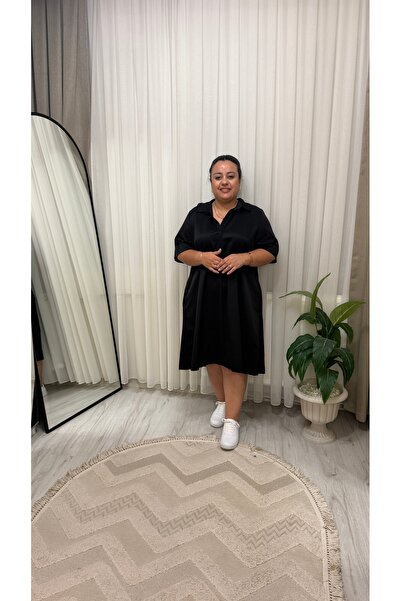 Butik Polo Yaka Gömlek Elbise Siyah